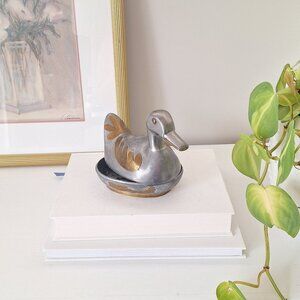 Vintage Pewter Brass Duck Trinket Box - bird Figurine